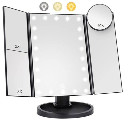 Schminkspiegel mit 22 LED-Leuchten Beleuchtung, Faltbare Kosmetikspiegel mit 1X/2X/3X/10XVergrößerung, Schminkspiegel mit Touch Beleuchtung, Tischspiegel Unterstützung USB, Schwarz