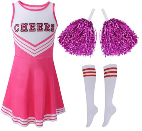 Hotfiary Ragazze Cheerleading Vestito con Pompon e Calzini, Bambini Scuola Musicale Party Dress 3-12 Anni, Ceerleader Vestito per Halloween Sport Game Uniforme