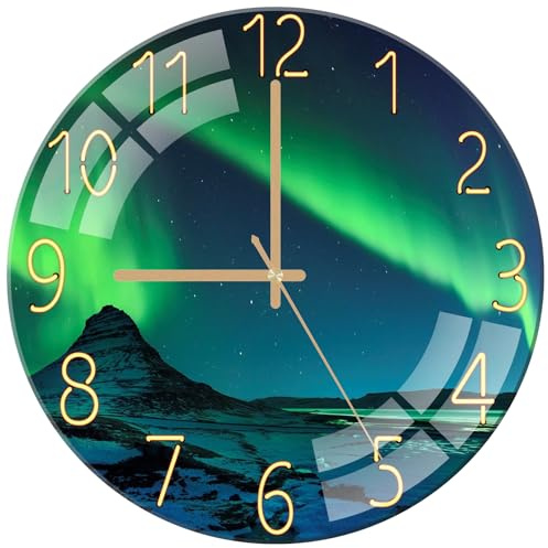 ALEENFOON Glasväggklocka 30 cm tyst icke-tickande kvalitet kvarts batteridrivna runda väggklockor för kök vardagsrum sovrum hall kontor (Aurora)