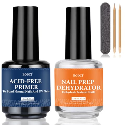 Eodci Primer para uñas de gel deshidratador para uñas, 15 ml, profesional, sin ácido, deshidratado e imprimación, set para uñas de gel UV, esmalte de uñas acrílicas