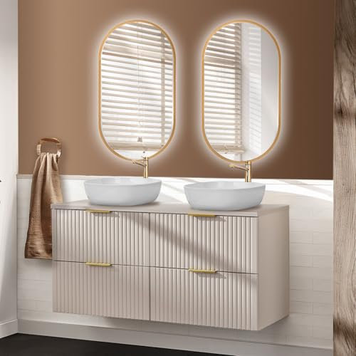 Lomadox Badezimmer Badmöbel Waschplatz Set mit 120cm Waschtisch, 3-teilig, in Kaschmir, mit Keramik-Waschbecken, Spiegel, LED-Beleuchtung