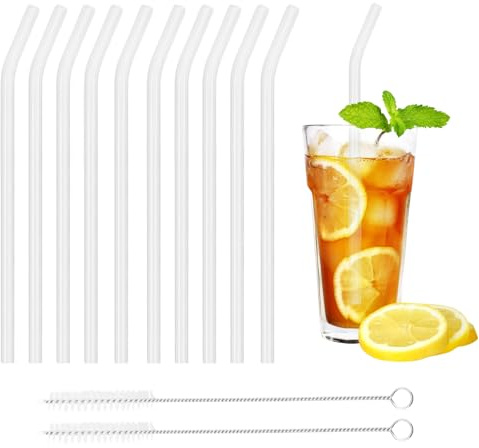 10 Pcs Reusable Glass Straws,Clear Reusable Drinking Glass Straw,Eco Friendly Durable Bendy Straws Drinking with 2 Cleaning Brushes,for Coffee Smoothie Cocktail Milkshake and Cold Warm Drinks