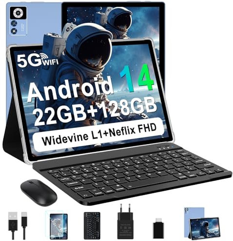 ZIOVO Tablette 10 Pouces Android 14 Tablette, 22GoRAM+128Go ROM (1To TF),Widevine L1|8000mAh| Octa-Core|2.0GHz| 5G WiFi| BT 5.0| 5+8MP, 2 en 1 Tablette Tactile avec Clavier et Souris-Bleu