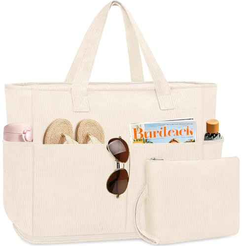 ENONEO Große Strandtasche mit Reißverschluss XXL Familie Strandtasche Damen Groß Shopper Tasche Beach Tote Bag Reisetasche Wasserdicht Saunatasche mit Nassfach & Schuhfach,55L (Cordury-Khaki)