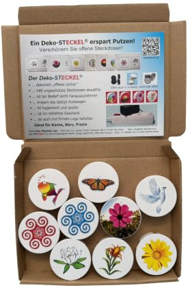 9 Stück Deko-STECKEL® DS-9791 9 Motive“ dekorative Steckdosen Abdeckung Staubschutz Deckel Steckdosendeckel Abdeckung für saubere Schuko-Steckdosen Steckdosenleisten Kabeltrommel Spritzschutz