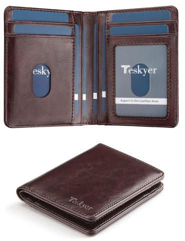 Teskyer Portafoglio bifold in pelle da uomo con confezione regalo, elegante piccolo portafoglio da uomo RFID, Caffè, 3.4 x 4.3 inch, classico
