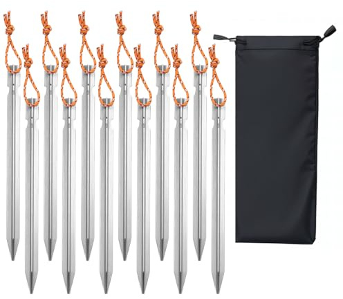 Keovoker 12 Pack Tent Stakes, 7-inch Ultralight Aluminum Ground Pegs with Reflective Pull Ropes, Tri-Beam Stake in a Carrying Bag, for Camping, Backpacking, Hiking, Hammocks and Canopy, Silver