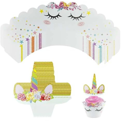 JAWUZ 24 Pezzi Cupcake Toppers e Wrappers,Involucro Per Torta Con Unicorno,Topper Per Torte a Forma Di Unicorno,Decorazione Per Cupcake Con Unicorno,Topper Per Torte Di Unicorno
