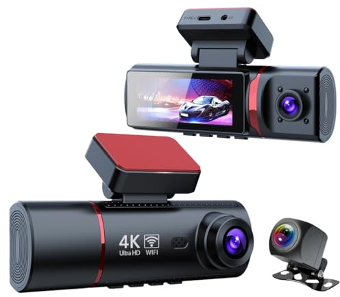 Dash Cam 4K a 3 canali per auto, app WiFi integrata con GPS Tracker DVR per auto, 2160P + 1080P + 1080P IR visione notturna videoregistratore, 360 gradi di protezione panoramica WDR super