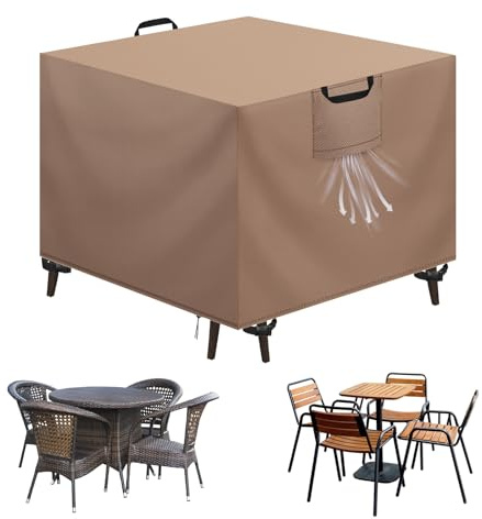 Aujink Copertura Tavolo Esterno Impermeabile, Panno 420D Oxford Impermeabile Copertura Per Mobili da Giardino Tavoli e Sedie da Cortile Raggi UV Resistente allo Strappo , Kaki, 90x90x90 cm