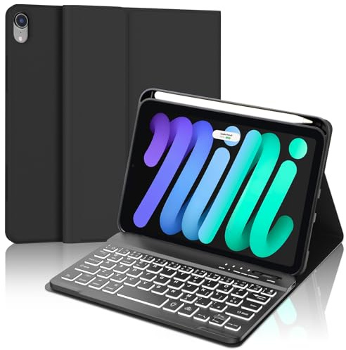 Tastiera Custodia Retroilluminata Bluetooth per iPad Mini 7(A17 pro) 8.3 2024 - Layout Italiano QWERTY Rimovibile Magnetic Wireless Bluetooth Tastiera per per iPad Mini 6a/7a Gen 2021/2024, Nero