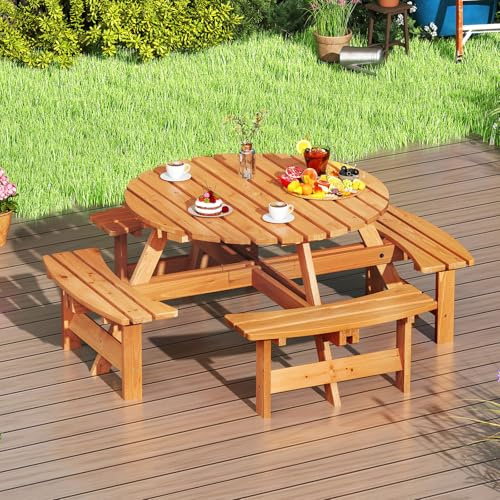 GOPLUS Table Pique-Nique Extérieur 8 Personnes, Salon de Jardin Exterieur Rond avec 4 Bancs Intégrés, Trou Parasol 5 cm, pour Jardin, Terrasse, Parc, Charge 100+250KG*4 (Jaune)