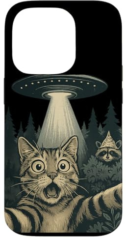 Alien Cat Selfie mit UFO und Alufolie Hut Waschbär Hülle für iPhone 14 Pro