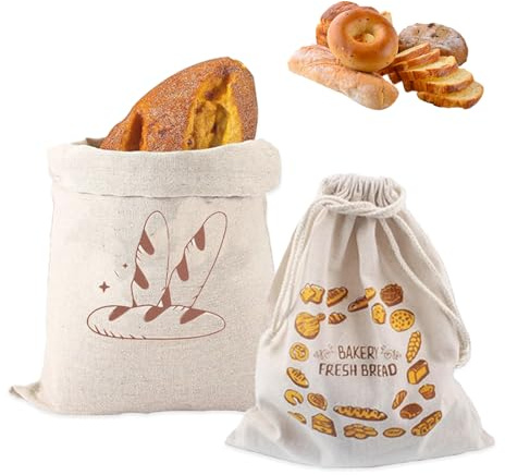 WOUYTPE 2 Piezas Bolsa Pan de Lino Con Cordón, Bolsa Pan Tela, Bolsas de Pan Reutilizables, Adecuado para Pan, Frutas, Verduras, Frutos Secos, Diseño de Cierre de Cordón, Reutilizable