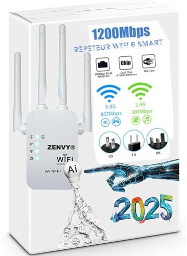 ZENVY RE330 WiFi Repeater, AC1200 Mbps WiFi-förstärkare, Gigabit Ethernet-port, Kraftfull WiFi-repeater, Kompatibel med Internetlådor, Njut av utan att Byta Låda
