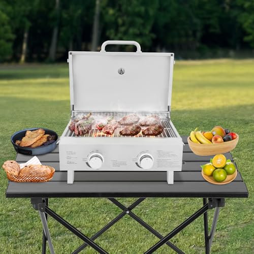 Barbecue a gas GPL in acciaio inox con 2 bruciatori, griglia a gas da tavolo con coperchio, 55,8 × 45 × 38 cm, griglia da tavolo commerciale, per salsicce e carne alla griglia | EU Stock