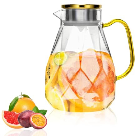 2,2 Liter Wasserkrug mit Deckel, Eleganter Diamant Design Glaskrug mit Griff, Dekoration für Zimmer, Hohe Haltbarkeit Krug Karaffe für Eisteemaschine, Saft, Heiß/Kalt Kaffee