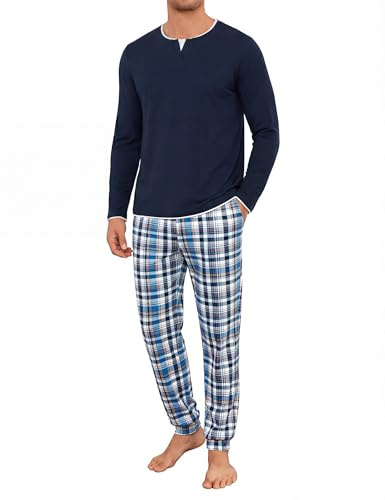 Jahetuul Pigiama Uomo Invernale Caldo Cotone Lungo Pigiami Due Pezzi da Uomo Maniche Lunghe Top con Design a Colletto Multistrato Lunghi Pantaloni con Tasche e Coulisse