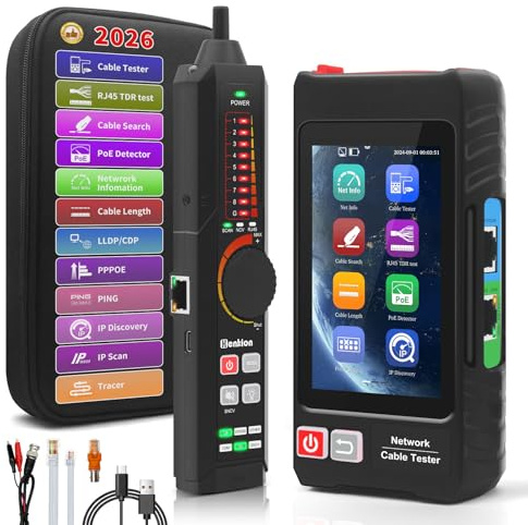 Henkion RJ45 Netzwerk Kabeltester, 4 IPS Touchscreen Netzwerk Messgerät, Aufladbarer Ethernet Kabeltester, Unterstützt Netzwerktools, PoE++ Erkennung, Kabellängenmessgerät, NCV, PD Power, FTP LT-600