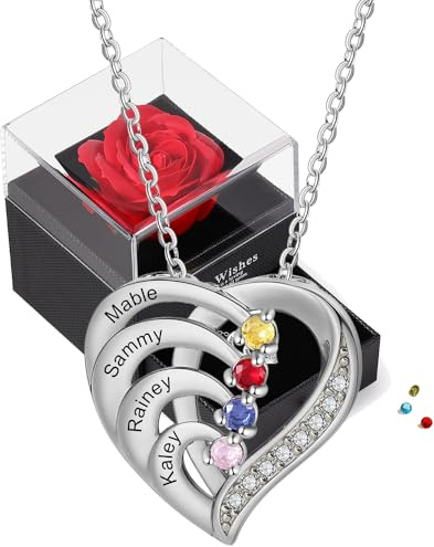 Rose Eternelle Artificielle avec Collier - Collier Cœur Personnalisé en Argent 925 pour Femme avec Nom Pierre de naissance - Cadeau pour Noël,Anniversaire,Saint-Valentin,Fête des Mères (Argent-4 nom)