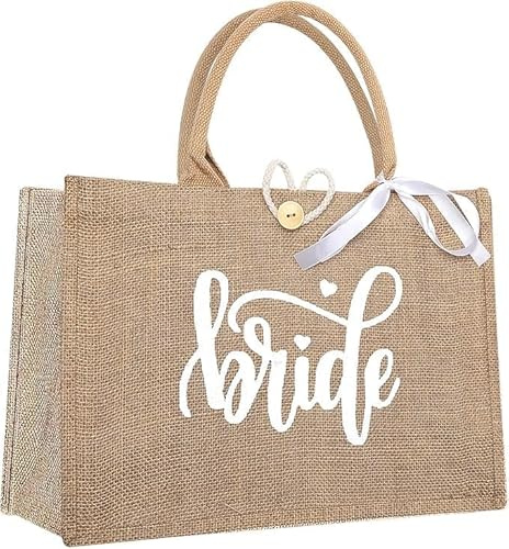 EHOENTROPY Bride - Borsa da sposa in iuta per matrimonio, con scritta in lingua tedesca Bride e nastro bianco