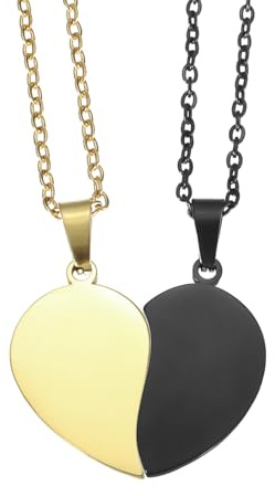 sourcing map Collier avec pendentif en forme de cœur brisé - En acier inoxydable - Personnalisable - Personnalisable - Personnalisable - Collier assorti avec deux demi-cœurs (2,8 cm, noir/doré)