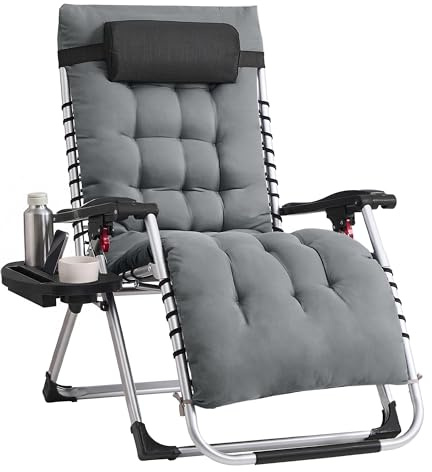 SONGMICS Sonnenliege klappbar, Liegestuhl, Kissen abnehmbar, Gartenstuhl Stahlgestell, Relaxliege bis 110 kg belastbar, Kopfkissen verstellbar, Tasche, Tablett, für Balkon, dunkelgrau GLB040GZ03