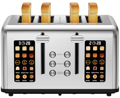 Tostapane 4 Fette, Tostapane per Toast Farciti 1760W, LED Touchscreen, 6 Livelli di Tostatura, 6 Programmi per il Pane, Funzioni Riscaldamento/Scongelamento/Stop, Acciaio Inox