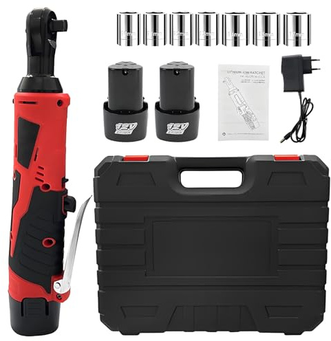 JOPWUE Clé à Cliquet Électrique Sans Fil,12V - 200 Nm / 2300 tr/min, Entraînement 3/8″ à 90°, avec 2 Batteries 1300mAh Charge Rapide + 7 Douilles, pour Réparation Auto et Bricolage