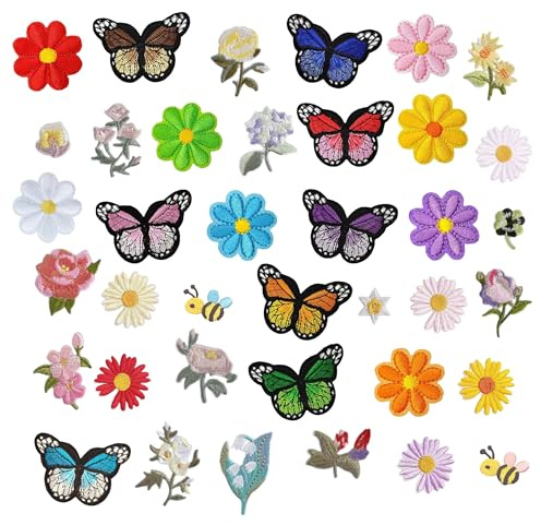 PYSEOSISE Toppe Termoadesive, 38 Pezzi Patch Termoadesivi, Toppe Ricamate Colorate Patch Fiore Farfalla Patch Ricamati da Stirare per Adulti Accessori Fai da Te per Jeans Giacche Cappelli