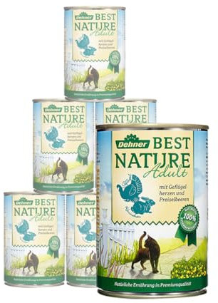 Dehner Best Nature Katzenfutter, Nassfutter, für ausgewachsene Katzen, Geflügelherzen / Kaninchen, 6 x 400 g Dose (2.4 kg)