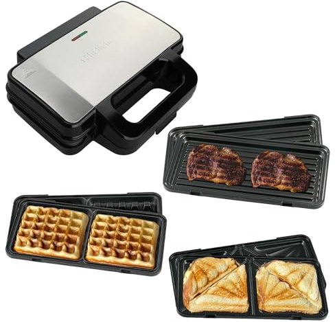 Schallen Electric All in 1 Multi Grill | Grilling Machine, Sandwhich, Toastie & Waffle Maker Machine | Includes 4 Removable Large None Stick Cooking Plates | Stainless Steel | Black & Silver Kitchen