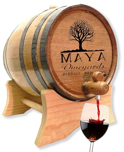 Personalized 5 Liter Oak Wine Barrel Dispenser (1 Gallon) w/Wood Stand, Bung & Spigot, Mini 5L American Oak Wine Aging Barrels For The Home Wine Maker & Craft Distiller, Engraved Custom Design (B331)