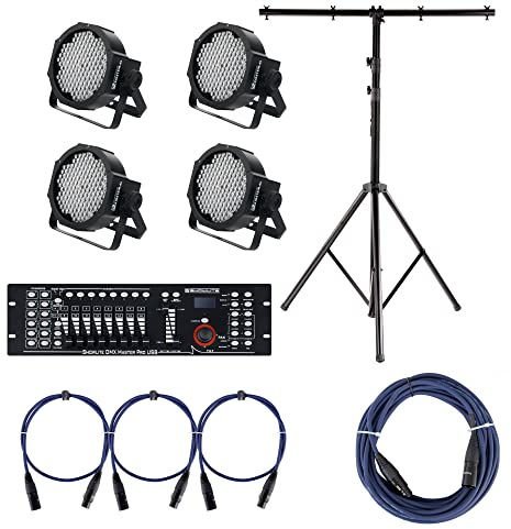 Showlite FLP-144 Scheinwerfer SET inkl. DMX Controller Master Pro USB, Licht-Traverse und Kabel (LED-Spots, Lichttechnik, Komplettset, Stativ, DMX-Kabel, 1m, 3m)