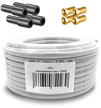 ARLI 20m Koaxialkabel – max. 135 dB 5-fach geschirmt UV-beständig + 4x vergoldete F-Stecker & 4x Gummitüllen für DVB-S DVB-T2 4K HDTV