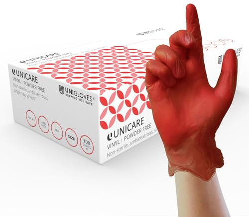 UNIGLOVES Unicare Vinyl Disposable Gloves - Multipurpose, Powder and Latex Free Examination Gloves - Box of 100 Gloves, Red, Large (GS0114)