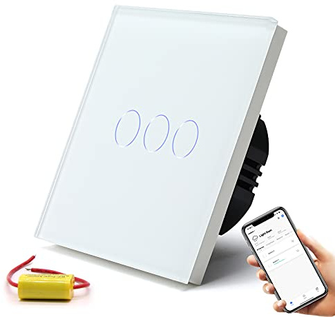 BSEED Interruptor de Pared WiFi,Interruptor inteligente 3 Gang 1 Vía con Pantalla Táctil Blanco,Compatible con Alexa y Google Home, Control de APP y Función de Temporizador-No cable neutro