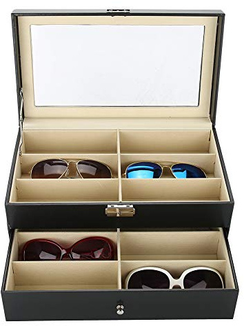 Ejoyous Sonnenbrillen Aufbewahrung Organizer Kasten - 12 Fächern Brillenkoffer mit Schloss und Schlüssel - Kunstleder Brillenbox, Brillenhalter - Display Box mit Durchsichtigem Deckel