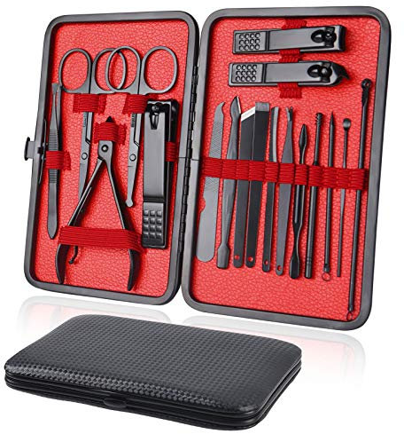 URAQT Professionellt manikyrset, 18 st. bärbara nagelklippare pedikyrset och ögonbryn grooming-kit, rostfritt stål nagelvårdsverktyg med lyxigt läderfodral