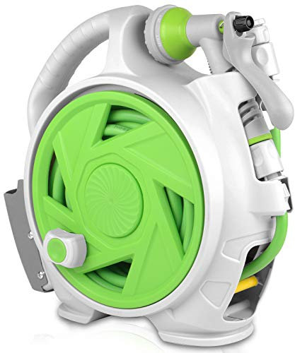 Garden Retractable Hose Reel, Portable Simple Home Hose Reel 45+5 FT with 7 Patterns Spray Nozzle, Wall Mounted and Any Length Lock for Garden Watering, Car Washing, Pet (Green)
