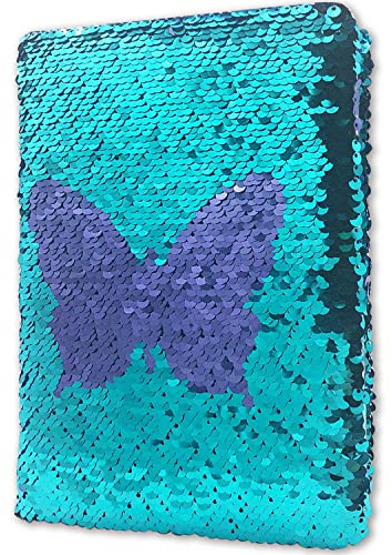 Dagbok för Flickor, Vändbara Glitter Blå Lila Fjäril Anteckningsbok 8.5x5.5 in Barndagbok Julklapp Gåvor för Flickor