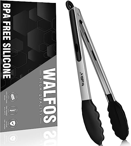 Walfos Kitchen Tongs - Heat Resistant 480℉ Cooking Tongs, Thickened Stainless Steel and BPA Free Silicone Tips, Great for Cooking, Grilling, Turning, 30 cm Food Tongs