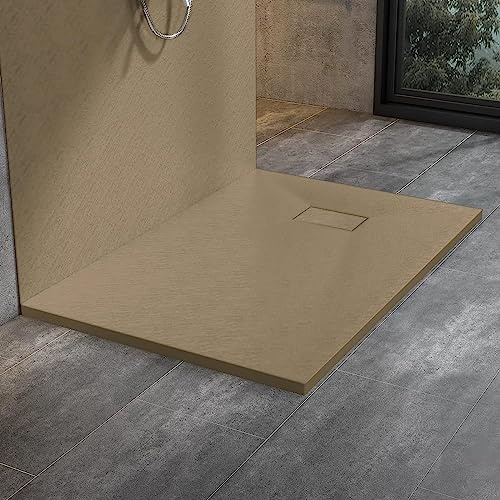 WITEN&NOCK Duschwanne 140x90 cm SMC Brausewanne helles Braun Steinoptik Antirutsch Duschtasse Höhe 3,2 cm Niedrige Schwelle Extraflach Brausetasse