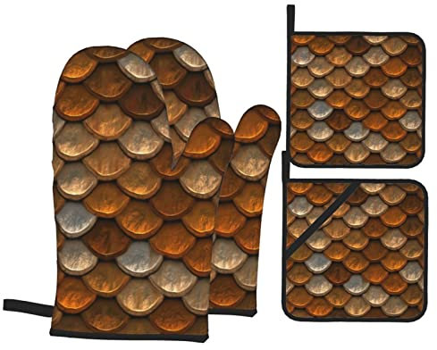 Handschuhe Und Topflappen-Set, Design Mit Braunen Und Kupferfarbenen Schuppenmustern Topfhandschuhe Hitzebeständig Ofenhandschuhe rutschfest Ofenhandschuhe Set Für Kitchen Kochen Backen