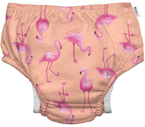 i play. by green sprouts Reusable, Eco Snap Swim Diaper with Gussets, UPF 50, Patented Design, STANDARD 100 by OEKO-TEX Certified - Coral Flamingos - 6 mo