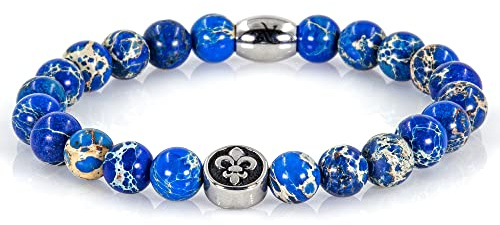 Bracciale con diaspro, bracciale con perle, giglio fiorentino blu, argento, 8 mm, in acciaio inossidabile