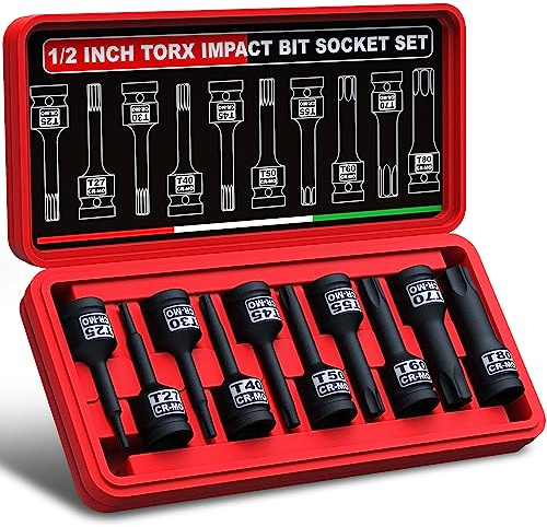 KIRXST 1/2 Inch Impact Torx Bit Socket Set，T25-T80 Star Bit Socket Set 10 Piece for Mechanical Repair