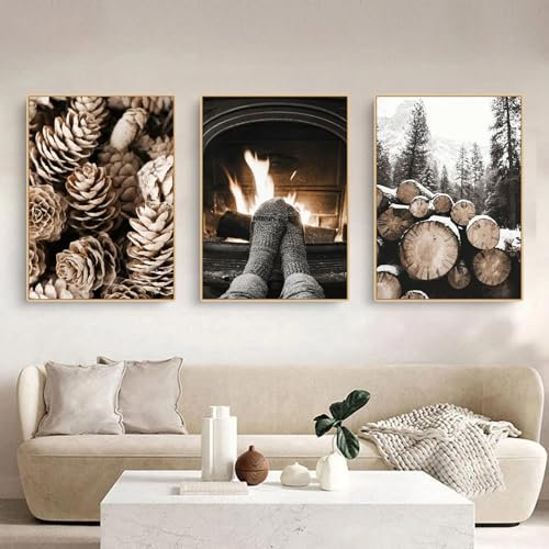 CULASIGN Modern Bilder Set, 3er Set Winter Poster, Bilder Natur Hirsch,Holzhaus, Tannenzapfen,Eichhörnchen, Winterlandschaft Wandbilder Kunstdrucke Leinwand Bilder Ohne Rahmen (DEF,30x40cm)
