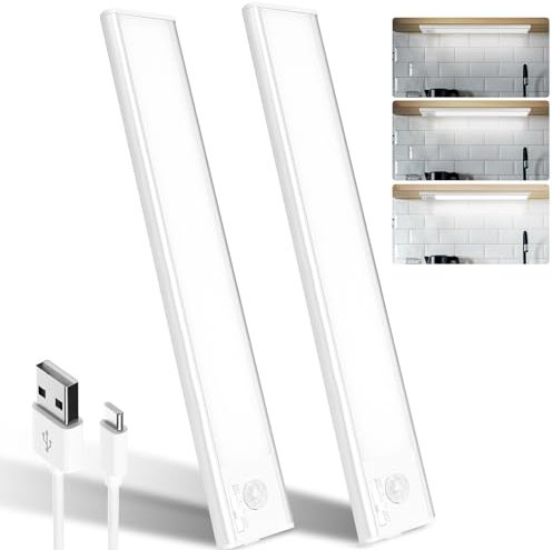 Reglette Led Sous Meuble Cuisine 24cm, 6500k Lumière avec Detecteur De Mouvement Interieur, 1500mAh Lampe Rechargeable USB, Adaptée pour Placard Veilleuse Escalier Couloir (2 Pack)