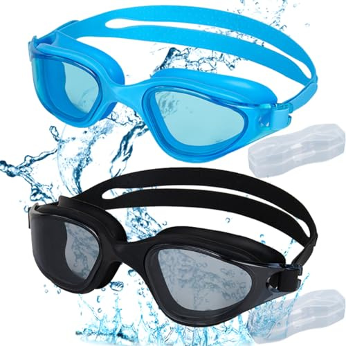 TYXHXTF 2 pcs Lunettes de Natation, Anti-buée Lunette Piscine Adulte, Confortables Lunette de Piscine, pour Adultes, Hommes, Femmes, Jeunes (Noir, Bleu)